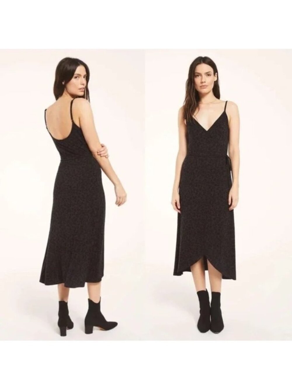 Z Supply Karlie Midi Slip Dress Small Sleeveless Black Gray Leopard Animal Print
